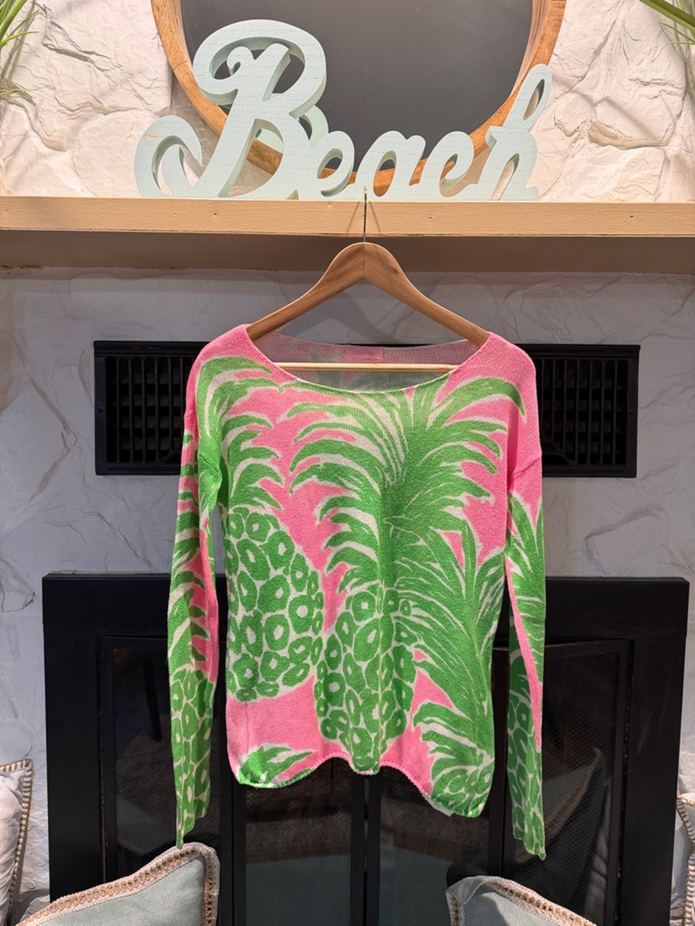 Lilly Pulitzer Pink & Green Pineapple Print Scoop Neck Lightweight Sweater